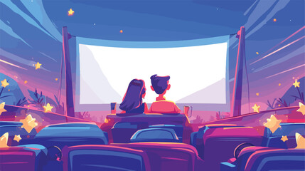 Open air car cinema theater vector illustration. Ca
