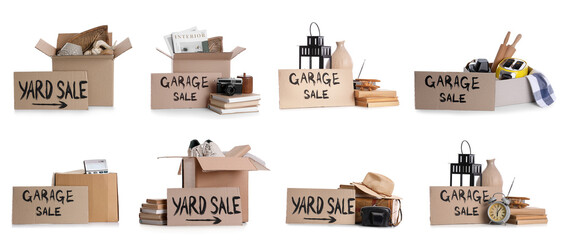 Collage of unwanted stuff for garage sale on white background