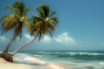 Palm trees swaying in the gentle breeze on a pristine shoreline