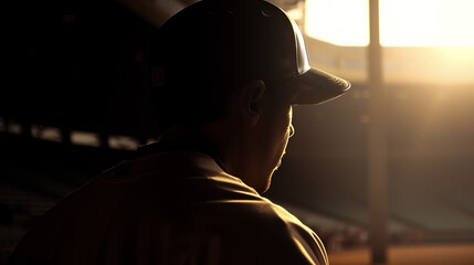 baseball player looking at the empty stands cinematic lighting