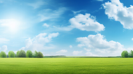 Fototapeta premium Beautiful spring summer natural landscape. Green meadow grass and trees on blue sky background with sun and clouds on warm sunny day. Colorful bright nature wallpaper with copy space for text.