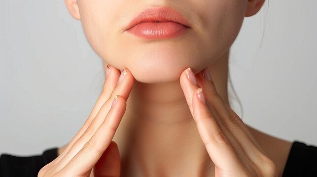 portrait showing the fingers squeezing flabbiness adipose hanging skin under the neck, problem wrinkles and cellulite under the chin of the woman, concept health care.

