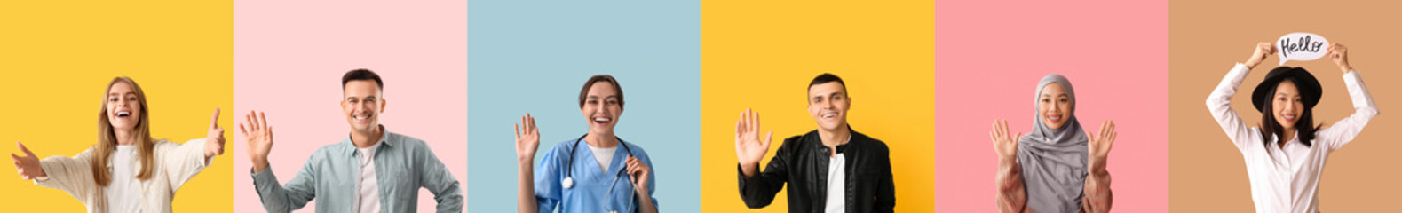 Group of friendly people on color background
