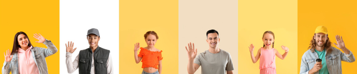 Group of friendly people on color background