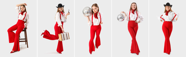 Collage of stylish young woman in red pants and with suspenders on light background
