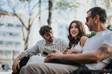 Three corporate executives sit on a bench in an urban setting, enjoying the sunlight and a leisurely chat after hours.