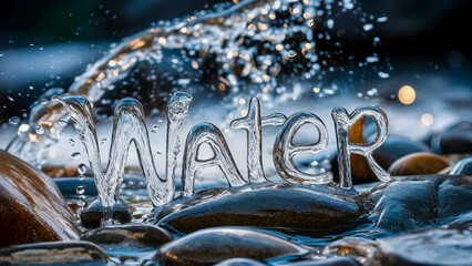 River stream with splashing droplets and aqua letters forming the word 'water' with crystal clear translucency over slippery rocky pebbles.   - obrazy, fototapety, plakaty