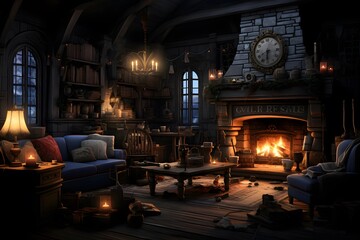 Obraz na płótnie Canvas 3D rendering of a living room with a fireplace and a fireplace