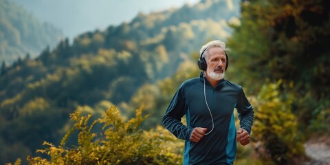 Fototapeta premium A man is running in the woods with headphones on