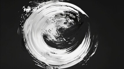 An ink stroke with a circular pattern. White ink strokes on a black background. A Japanese style artwork. Like the rolling waves of the sea.