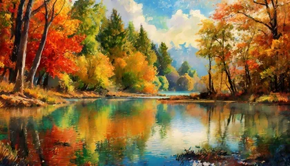 Foto op Canvas An artistic painting of autumn with trees and a lake in watercolor © amin