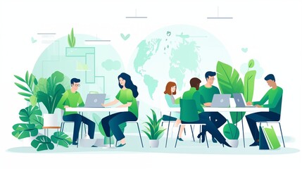 Group of people working in a collaborative and sustainable environment. Environmentally friendly flat design for improved productivity and collaboration. - obrazy, fototapety, plakaty