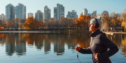 A woman runs in a park with a lake in the background