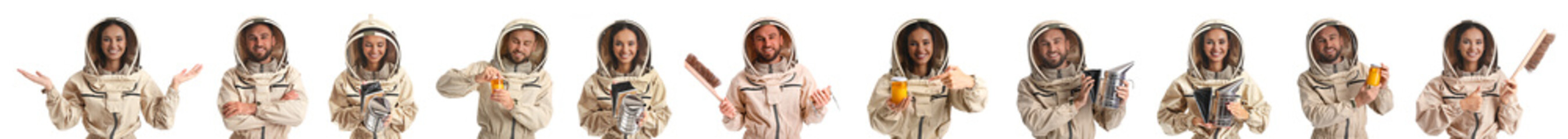 Set of beekeepers in protective suits on white background