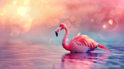 beautiful pink flamingo on a lake with blur background style wallpaper in high resolution and quality - obrazy, fototapety, plakaty