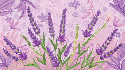 lavender illustration, purple background, vector art