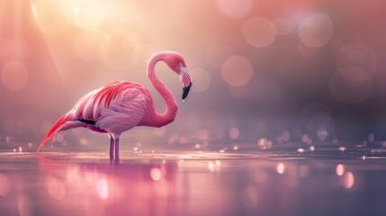 beautiful pink flamingo on a lake with blurred background style wallpaper in high resolution and high quality - obrazy, fototapety, plakaty