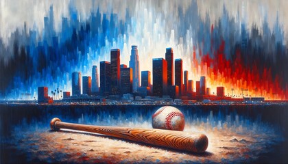 Expressive Artwork of Baseball Bat and Ball with Red and Blue Abstract Los Angeles Skyline, Perfect for Sports and City Life Themes