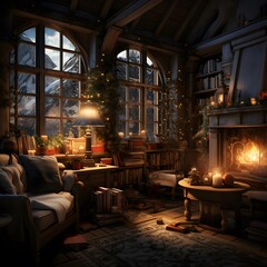 Fototapeta na wymiar Interior of a cozy house with a fireplace and a Christmas tree