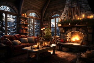 Fototapeta premium 3d illustration of cozy living room with fireplace and christmas tree
