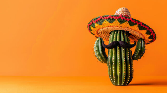 A Mexican cactus character wearing a traditional sombrero and mustache