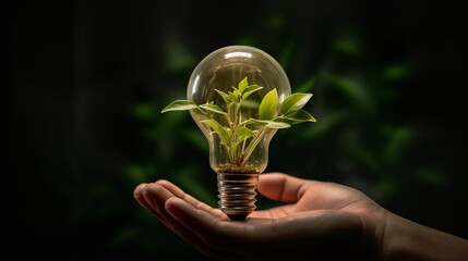 human hand holding a light bulb with a plant sprout inside. Concept of green energy saving, renewable and recycling.