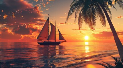 Sailboat at sunset near the shores of a tropical island.

