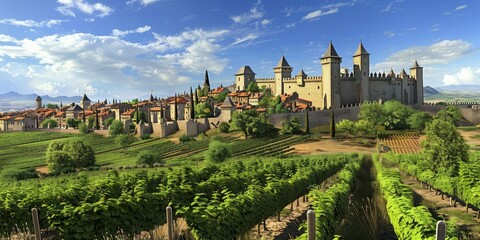 Fototapeta na wymiar vineyards against the backdrop of a medieval castle Generative AI