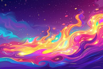 Colorful vector illustration of magic fire against a purple background with a pink and blue color scheme in the style of a cartoon Generative AI - obrazy, fototapety, plakaty