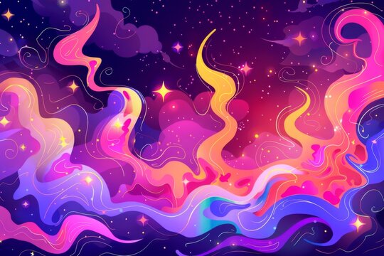 A background of purple and blue with pink flames, in the style of cartoon, animated shapes, sparkling stars, cute and dreamy illustrations, pink fire waves in the air Generative AI