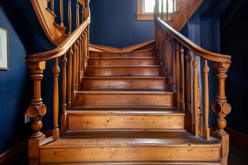 Antique Pine Staircase in a Classic Navy Art Gallery, Perfectly Suited for Historic Property Flyers and Architectural Digests