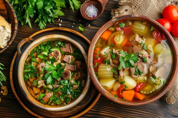 Cold Soup and Hot Meat Soups with Vegetables and Herbs, Okroshka, Beef Broth or Meat Bouillon n - obrazy, fototapety, plakaty