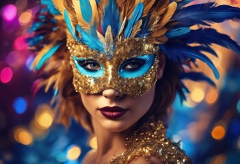 'confetti dust Realistic luxury mask light Abstract gold suit created effect carnival girl colorful blue feathers. sumptuous beautiful feather background blurred fantasy theatre'