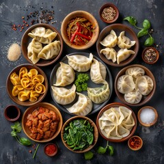 Dumplings Set, Khinkali, Dimsum, Momo, Jiaozi, Dyushbara, Manti, Pierogi, Wonton or Ravioli...