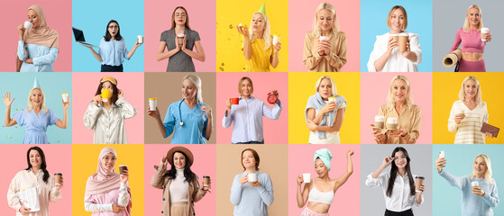 Collage of women with cups of coffee on color background