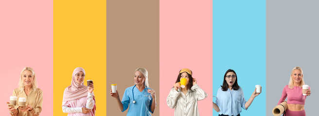 Collection of women with cups of coffee on color background