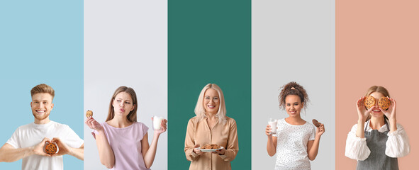 Collection of people with tasty cookies on color background