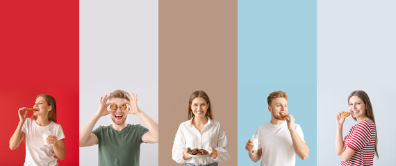 Group of people with tasty cookies on color background