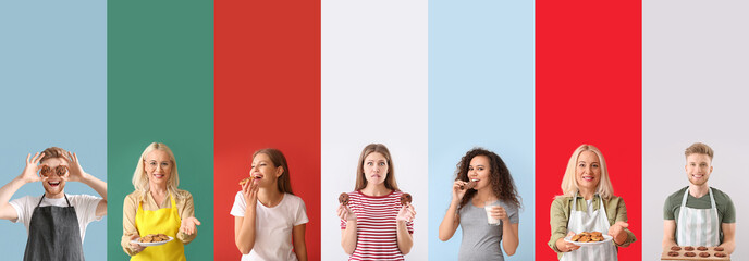 Set of people with tasty cookies on color background