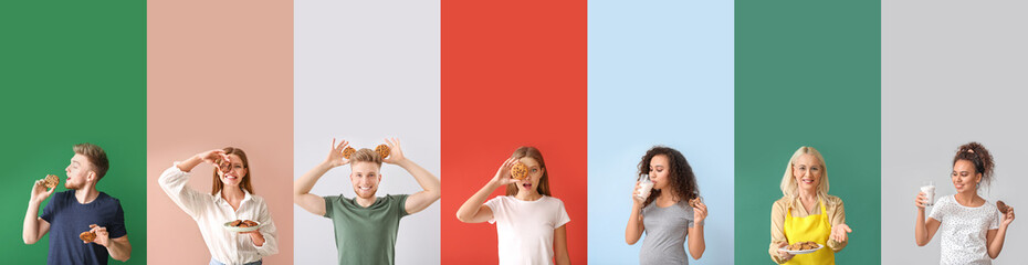 Collage of people with tasty cookies on color background