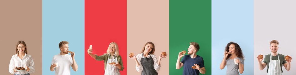 Group of people with tasty cookies on color background