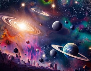 outer space; style encaustic ,semitransparent