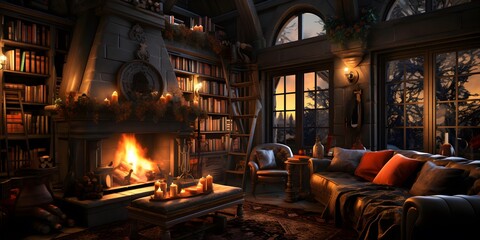 Interior of a cozy living room with a fireplace. 3d rendering