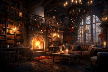 Interior of an old house with a fireplace and a cozy sofa