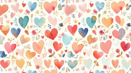 A charming Valentine s Day pattern featuring hand drawn watercolor multicolored hearts set against a crisp white backdrop Perfect for adding a touch of love to textures backgrounds or wallp