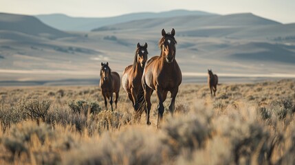 Small band of wild horses approaches with curiosity in the high desert West on public lands in Wyoming, USA Wyoming, United States of America

 - obrazy, fototapety, plakaty