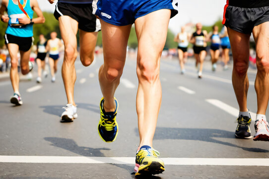 Corredores en un marat&oacute;n, piernas de deportistas corriendo