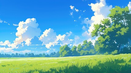 Obraz premium Illustration of a serene natural landscape featuring a lush meadow in the background