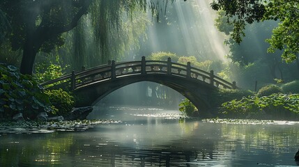 small arched bridge over the river, beautiful view. - obrazy, fototapety, plakaty