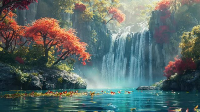 Colorful autumn landscape with waterfalls.